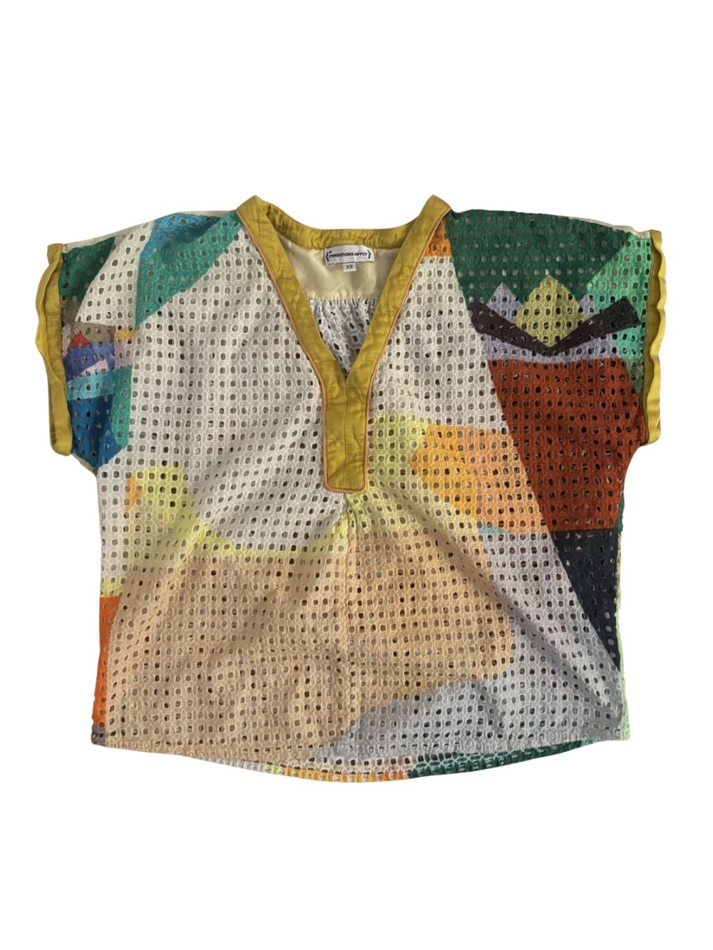 Conditions Apply Colorful Geometric Eyelet Top with Yellow Trim